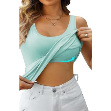 Imagem de Regatas femininas com sutiã embutido verão alça fina camiseta casual básica acolchoada elástica para treino atlético, Verde menta, 3G