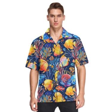 Imagem de Camisa masculina havaiana de manga curta casual com botões Aloha Beach, Corais e peixes em aquarela, M