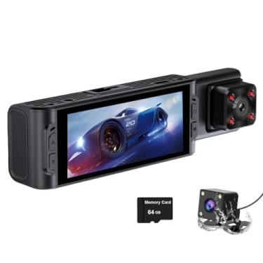 Imagem de XRC TECH Câmera de painel de 3 canais, DVR de carro de três vias frontal interna traseira, 1080p, WDR, WiFi integrado, luz LED infravermelha oculta, visão noturna infravermelha, monitoramento de