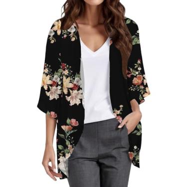 Imagem de Camisa feminina havaiana estampa floral manga bufante 3/4 verão leve chiffon quimono cardigã blusa casual, #A6 Branco, P