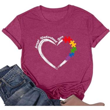 Imagem de Camiseta feminina de conscientização do autismo, camiseta com estampa "Accept Understand Love", manga curta, casual, Fnt0017-vinho, P