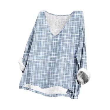 Imagem de Camisetas femininas de linho de verão com estampa floral retrô, gola V, manga comprida, blusas casuais, plus size, camisetas elegantes, Azul claro, P
