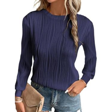 Imagem de EVALESS Camisetas femininas modernas elegantes casuais de manga comprida gola redonda camisetas básicas sólidas soltas texturizadas, Azul marinho, XXG