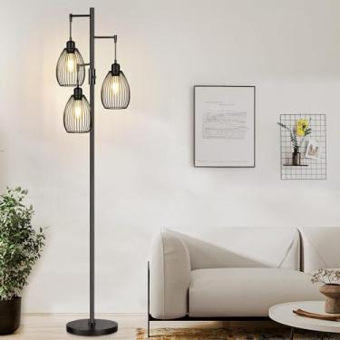 Imagem de Luminária de chão regulável, 3 lâmpadas LED Edison de 800 LM incluídas, luminária de chão industrial de fazenda com gaiola de lágrima elegante, lâmpadas altas para sala de estar, quarto, escritório,