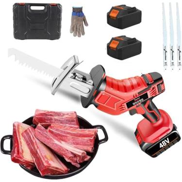 Imagem de Serra elétrica de açougueiro para carne e ossos - Serra alternativa de aço inoxidável com 2 baterias + 3 peças de lâmina de serra, para bife, coxas de frango, costeletas de porco, espinhas d