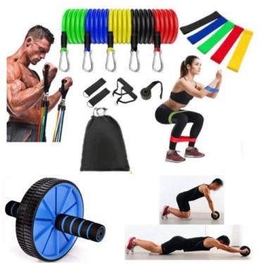 Imagem de Kit Completo Academia Em Casa Com Elástico Com 11 Peça + Roda Abdomina