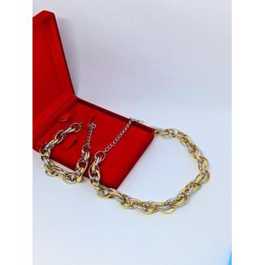 Imagem de Kit Colar Choker e Pulseira Corrente elos Grosso Elo Oval Duplo Mix do