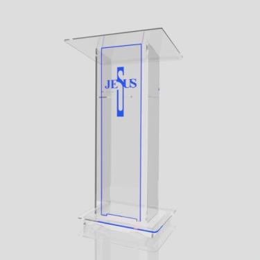 Imagem de Púlpito em Acrílico para Igreja e/ou Eventos com Gravação e Led grátis Mod. Lucas, Transparente (Tradicional, Moderna ou Sem Gravação) Cores em Led (Grav. "Jesus" Moderno, LED AZUL)