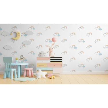 Imagem de Papel de Parede Rosa ou Branco, Chuva de Arco Íris - Rolo 9,50 Metros 