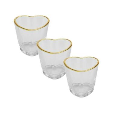Imagem de Kit 3 Copos Shot Coração Vidro com Borda Dourada 50ml - Lyor