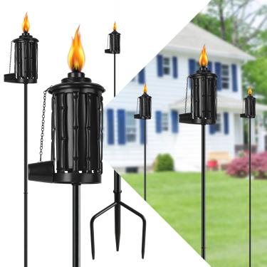 Imagem de FAN-Torches Conjunto de 6 tochas de jardim Home Garden, 473 g tocha de metal para decoração de jardim, tochas de citronela atualizadas de 140 cm com estaca aterrada de 3 pinos, tochas de metal leves para caminho de festa e pátio