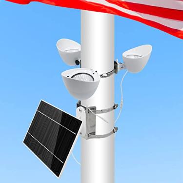 Imagem de enrybia Poste de bandeira solar, iluminação de 360°, 3 mastros, luz superbrilhante, alimentada por energia solar, ao ar livre, crepúsculo ao amanhecer, à prova d'água, LED, com grampos de metal para
