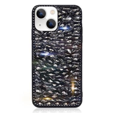 Imagem de Bonitec Capa para iPhone 15 Plus com glitter para mulheres 3D Glitter Bling Capa luxuosa brilhante cristal strass diamante amortecedor pedras negras linda capa para mulheres meninas, preta