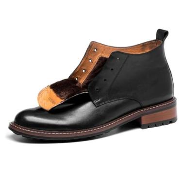 Imagem de Waillynice Botas curtas com cadarço retrô feitas à mão, botas de cano alto de couro bovino para homens outono inverno lã quente botas masculinas moda casual sapatos masculinos, Veludo preto plus, 37