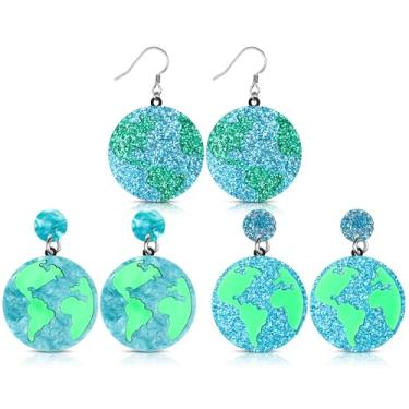 Imagem de Nosiny 3 pares de brincos de planeta globo terrestre artísticos para mulheres, joias, presentes, feitos à mão, acrílico, planeta, universo, brincos de gota criativos, chiques, leves para professores,