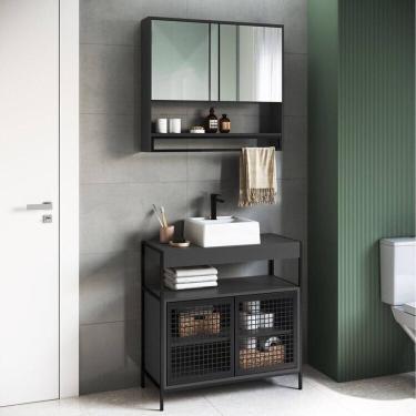 Imagem de Gabinete de Banheiro Industrial de Chão 80cm P1038 com Cuba Sobrepor e Espelheira Preto/Grafite