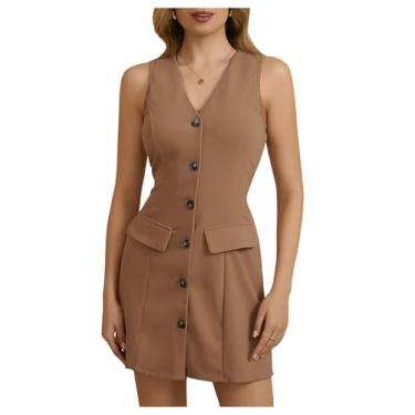 Imagem de MakeMeChic Vestido feminino elegante curto decote V profundo botão sem mangas blazer vestido, Caqui, P