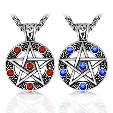 Imagem de Blowin Colar pentagrama poderoso de aço inoxidável, pingente de selo tradicional Wicca de Salomão, corrente de meio-fio de 69 cm (estilo vermelho e azul (2 peças))