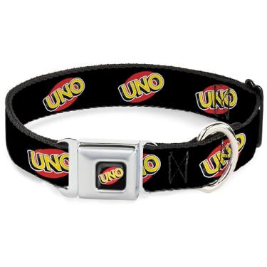 Imagem de Coleira para animais de estimação Mattel, fivela de cinto de segurança de metal, logotipo do jogo UNO preto vermelho amarelo, 33 a 43 cm de largura