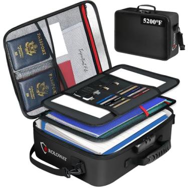 Imagem de ROLOWAY Bolsa de documentos à prova de fogo de 2,871 °C com trava (43 x 31 x 13,5 cm), bolsa à prova de fogo com isolamento térmico atualizada com organizadores de arquivos multicamadas, armazenamento