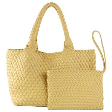 Imagem de SporGenius Bolsa de Tecido Feminina, Bolsa de Praia de Couro Vegano com Bolsa Pequena, Bolsa de Viagem Grande com Alça Superior, Amarela, Grande, Bolsa de Compras Clássica Feita à Mão