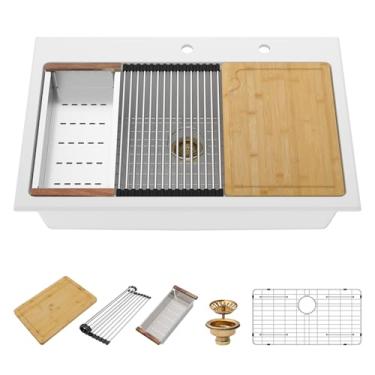 Imagem de Pia de cozinha com 33 peças de granito – Beslend 83 x 55 cm, pia de cozinha composta de granito, montagem na parte superior, borda de quartzo branco, borda clássica acima do balcão, bacia de pia única