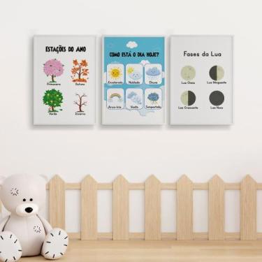 Imagem de Quadros Escola Educativos Estações Tempo Infantil 3 Peças - camaleão d