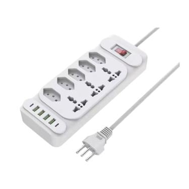 Imagem de Filtro de Linha, Extensão, Régua de Energia com 5 Tomadas, 3 Tomadas Universais, 4 USB, 2 USB-C, Cabo de 2m, 110-220V, 2500W – Praticidade e Potência para Casa e Escritório (Branca)