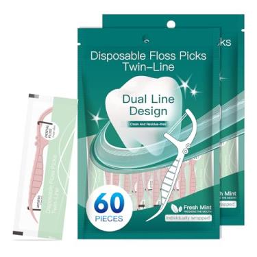Imagem de LIAMOSS Twin Line Palitos de fio dental embrulhados individualmente, 120 fios rosa resistente a viagens, palitos de dente de linha dupla menta, super limpo, remover placa (rosa)