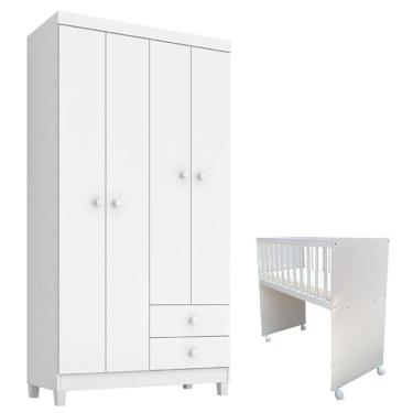 Imagem de Mini Berço Moisés Alegria com Colchão e Guarda Roupa Ternura Baby 4 Portas Branco Flex - Incorplac
