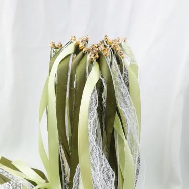 Imagem de 50 sinos de lembrancinha de casamento, varinhas de desejos de fadas de renda, fitas de festa, para festas, feriados de aniversário e celebrações de festivais (verde com renda)