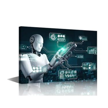 Imagem de TUMOVO Arte de parede grande, 1 peça, conceito de inteligência artificial, pôster emoldurado, robôs usam tablets para análise de big data, arte em tela, decoração de parede para decoração de sala de