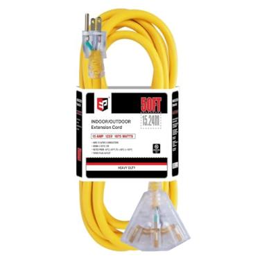 Imagem de EP Cabo de extensão resistente de 12 metros, 15 A, 125 V, 1875 W, 3 saídas, cabo de alimentação interno/externo com extremidade iluminada, amarelo à prova de intempéries SJTW 12/3, listado na UL