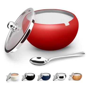 Imagem de KooK Açucareiro de aço inoxidável com tampa e colher, prato de servir, tampa de vidro transparente, armazenamento para sal, doces, café, comporta 2 xícaras, pode ser lavado na lava-louças, rosa fosca