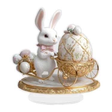 Imagem de Ioensy Decoração de coelhinho da Páscoa 2D com obra de arte base mesa central peça jardim sinal de decoração para lareira de armário de estante de