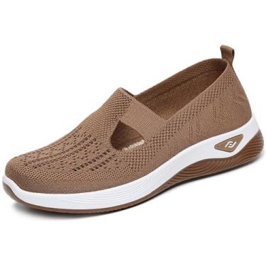 Imagem de Fangsto Tênis De Caminhada Feminino Ortopédico De Malha Tênis De corrida Esportivo Atlético Sapatilhas sem cadarço Confortável Respirável Bronzeado BR 37