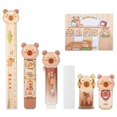 Imagem de MOZXIRZ Conjunto de artigos de papelaria fofos de capivara, material escolar de desenho animado kawaii, material de escritório, incluindo apagador, apontador de lápis, régua, fita corretiva, blocos de
