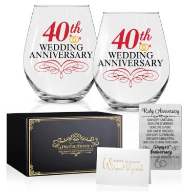 Imagem de Perfectinsoy Conjunto de 2 taças de vinho de casamento 40 com cartão de memória metálico, de 40 anos para pais, esposa, alma gêmea, casal, presente de marco engraçado de 40