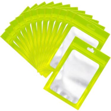 Imagem de 100 unidades de sacos de armazenamento de alimentos Mylar Ziplock resseláveis, saco à prova de cheiro com janela transparente, bolsa de embalagem para grãos de café, amostra de alimentos (verde, 7,6 x 12 cm)