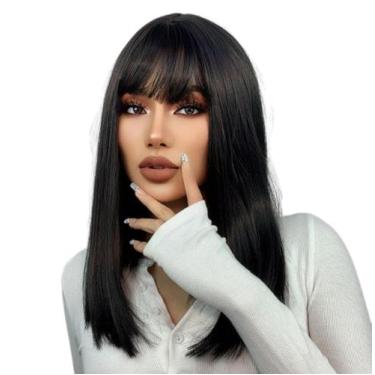 Imagem de Peruca orgânica lisa com franja 50cm Preta - GM HAIR