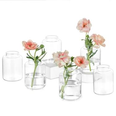 Imagem de Hewory Vasos pequenos para centros de mesa: 6 peças de vaso moderno de vidro transparente para decoração de mesa de casamento - Conjunto de mini vasos redondos curtos para flores