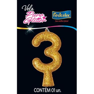 Imagem de Vela Puro Glitter Dourada N 3 - Embalagem com 1 unidade.