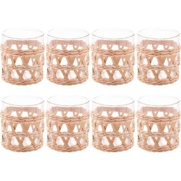Imagem de Conjunto 8 Copos Baixos de Vidro Wolff com Sisal 320ml Decorados Fibra Natural Rústicos
