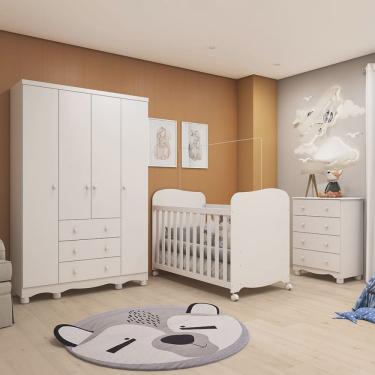Imagem de Quarto de Bebê com Guarda Roupas 4 Portas Cômoda e Berço com Rodizio Mimo 100% Mdf Espresso