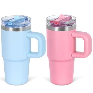 Imagem de Cosictic Copo de canudo flip de 400 ml com alça para crianças, copo isolado de parede dupla de aço inoxidável para crianças com tampa flip top, copos à prova de vazamento de 400 ml para crianças, azul