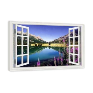 Imagem de PY3H69 Arte de parede em tela de janela aberta, impressão natural em tela. Lindo cenário de montanha 2,5 cm, decoração de parede de paisagem de janela, decoração de casa moderna. Moldura interna 40 x