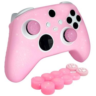 Imagem de HLRAO Pink Glitter Anti-Slip Protective Silicone Cover Skin Grips for Xbox Series X/S Controller,8 PCS Glitter Thumb Grips Caps and 2 Grips Caps.