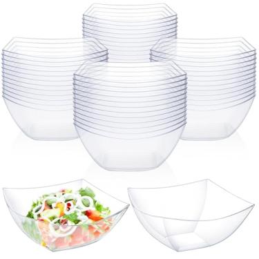 Imagem de FdcZeyxior 50 tigelas quadradas de plástico para servir 227 g tigela pequena transparente descartável para barra de doces de festa, salgadinhos, frutas, salada, tigela de taco, arcos de servir para