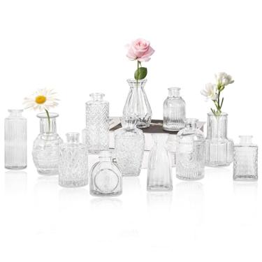 Imagem de Conjunto de 12 vasos de vidro, pequenos vasos de flores transparentes vintage para mesa a granel, mini vaso de estilo rústico fofo para decoração de casa, casamento, chá de bebê, festa de aniversário