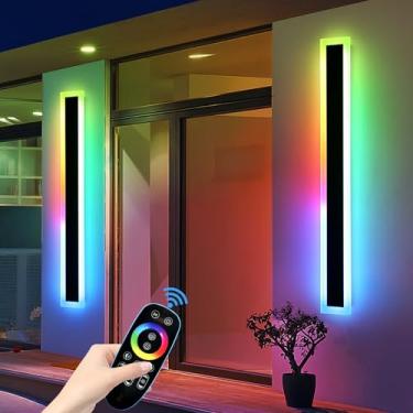 Imagem de Mikeru Luminárias De Parede Led Rgb Longas E Alargadas, Pacote Com 2 Arandelas De 31,4 Polegadas, Rgb/Quente/Branco, Reguláveis, Para Varanda Frontal Externa, À Prova D'Água Ip65, Com Controle Remot